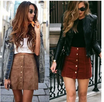 
Fashion Elegant Women Ladies Summer Skirts High Waist Single Breasted Solid Slim A-Line Suede Leather Mini Skirts 