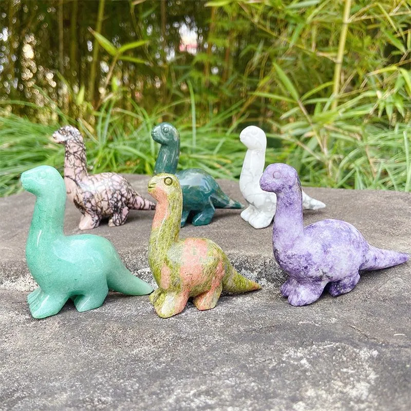 Natural Stone Animal Carving Crafts Mini Crystal Figurine Rose Quartz Dinosaur Statue for Gift