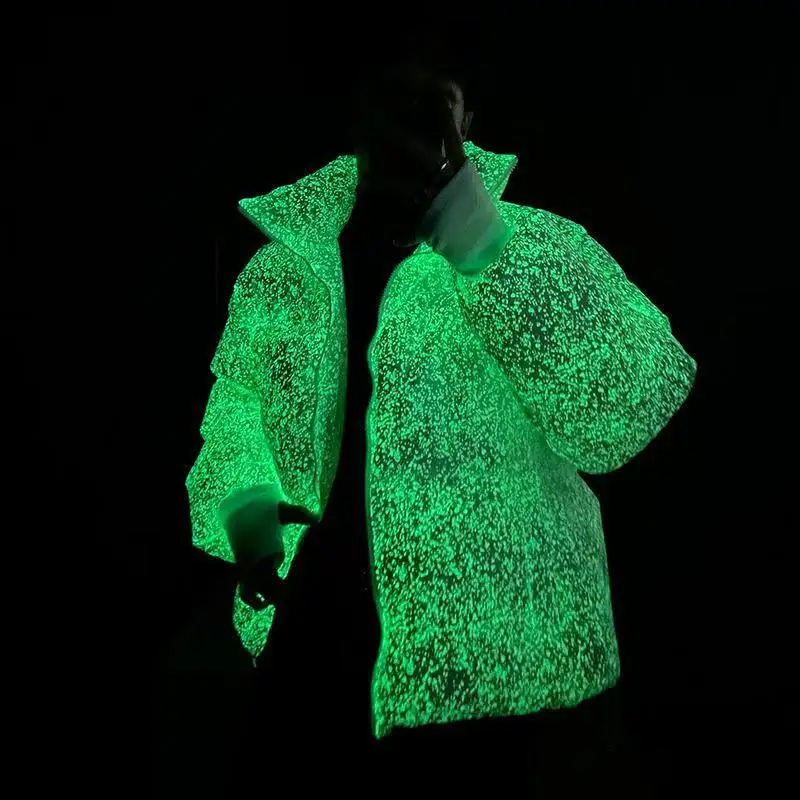 Custom Glowing LED optical fiber coat wholesale fashion trend warm bubble reflective jacket men hoodie winter puffer down jacket