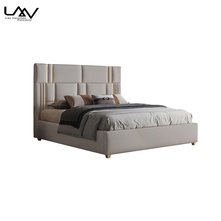 Italy design high back upholstered double bed villa bedroom luxury beige leather soft king size bed furniture