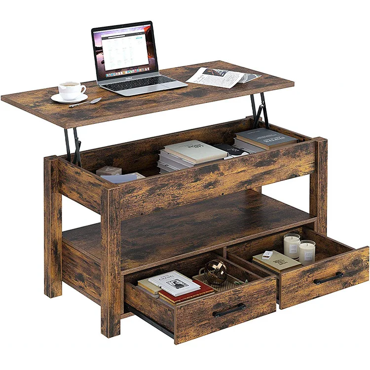 Modern Rustic Flip Lift Top Coffee Table Tea Table with Storage Drawer for Bedroom Living Room