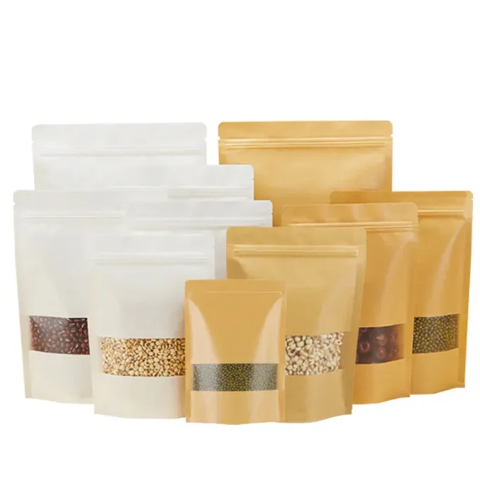 New Arrival Recycled customized stand up pouches dry food packaging brown kraft paper bags with translucent window
