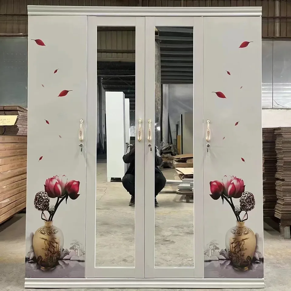 4  door steel bedroom furniture wardrobe metal customized hanging clothes wardrobe living room furniture with mirror