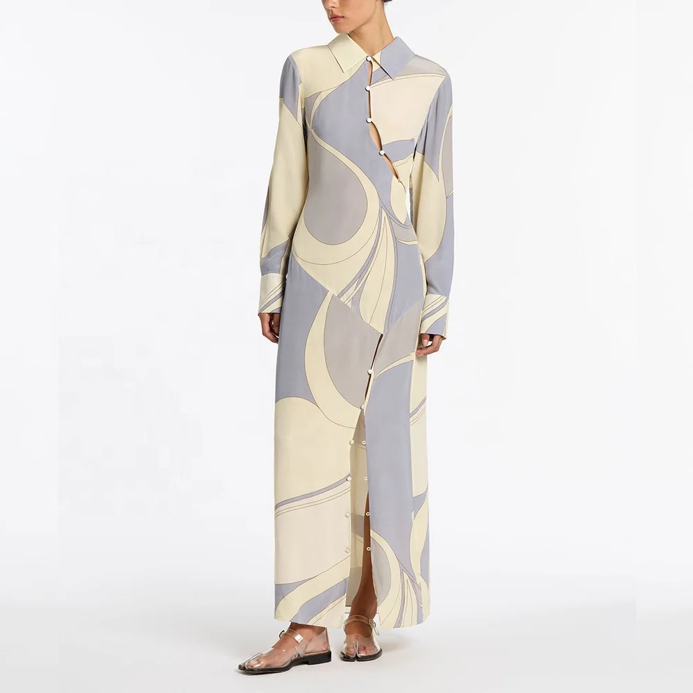 Muslim dresses Women Clothing Fashion Silk Satin Elegant Lapel Dress High split  Long Sleeve Button Shirt Casual Dresses