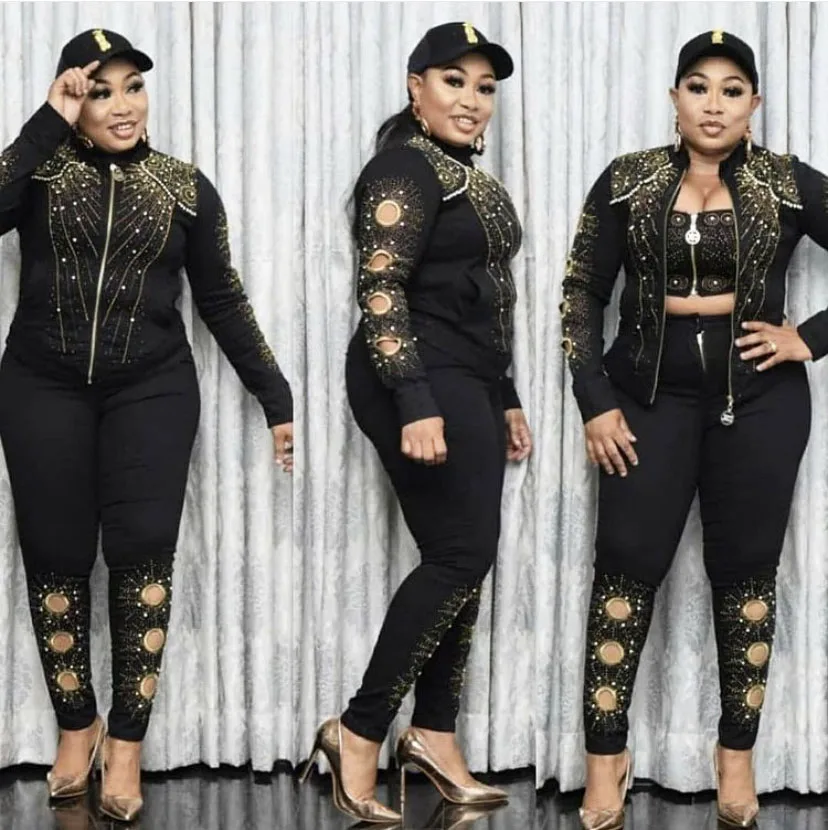 Women 3 Piece Set Zipper Jacket Sexy Crop Top High Waist Pencil Pant Tracksuit Fashion Casual Jeans Outfit For Ladies