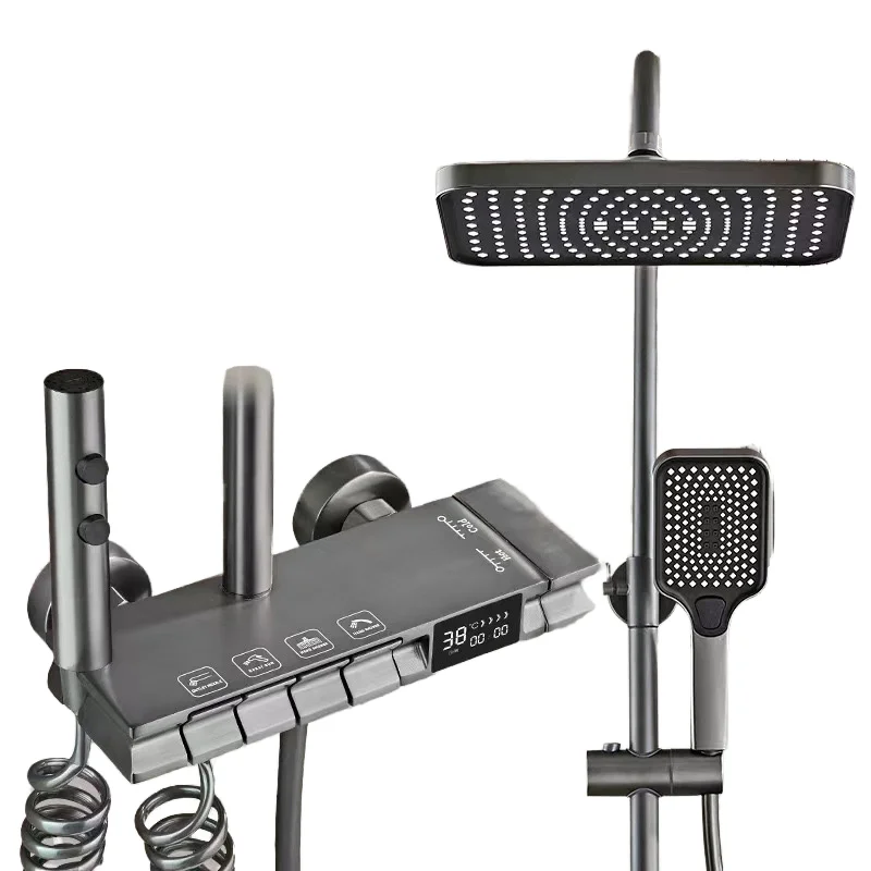 Kahnos Automatic Luxury Bathroom System Digital Display Piano Key Brass Shower Faucet Constant Temperature Mixer Shower Set