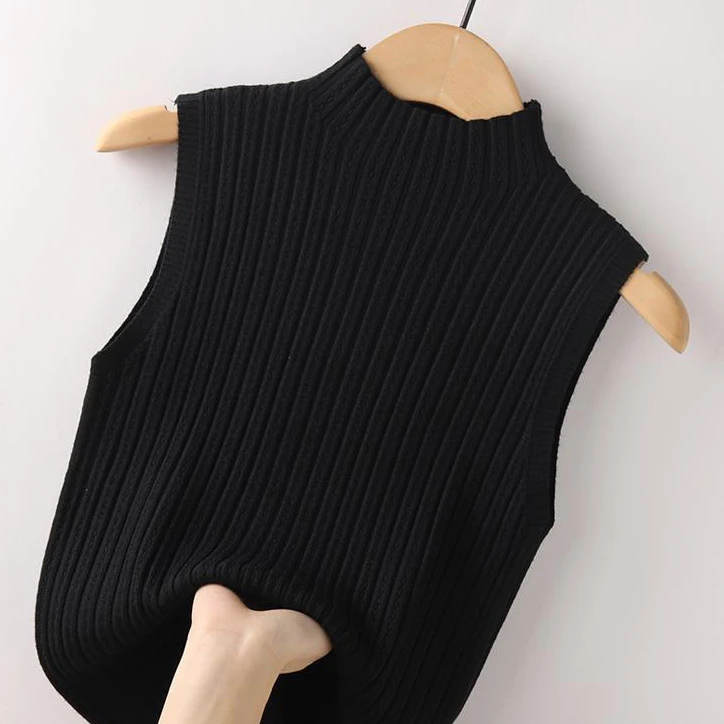 Half neck wide pit striped knitted vest summer new casual retro chic sleeveless top bottoming shirt vest for ladies