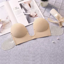 Hot Women Seamless Silicone Push Up One Piece U Shape Bralette Backless Wire Free Strapless Invisible Bra
