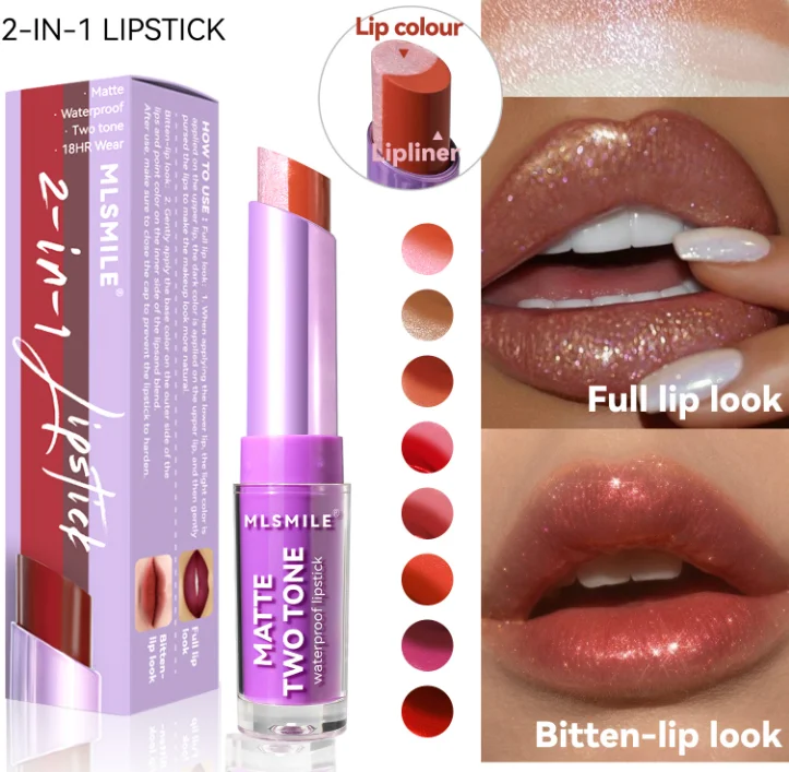 wholesale waterproof double color  lipstick  two in one set colored lipstick