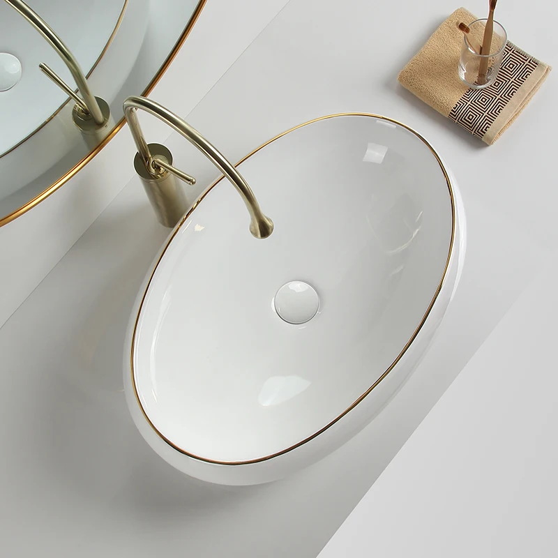 Single Vanity Bathroom Sink Set with Gold Finish Various Oval Design Specifications Vanity Countertop for India Market