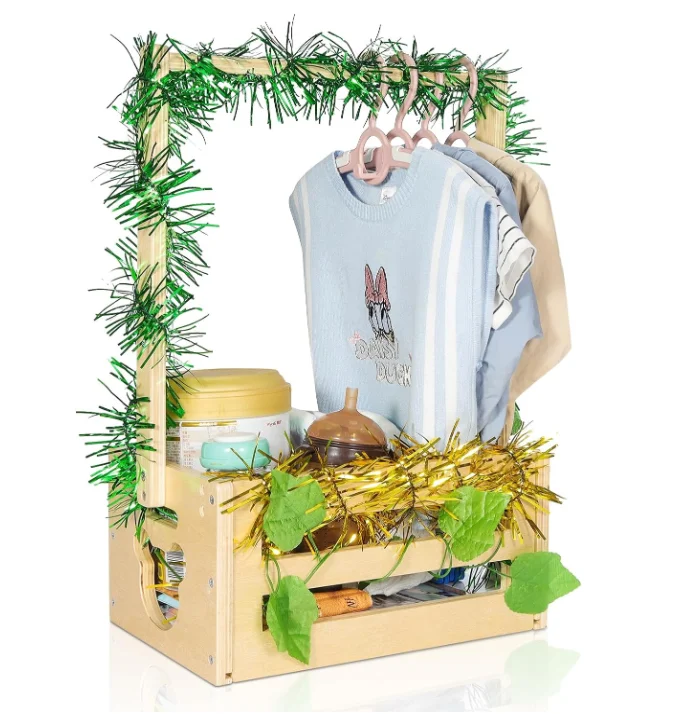 Wholesale Wood Baby Basket with Adjustable Handle and Garland Storage Crate Hamper Baby Shower Wooden Gift Crate