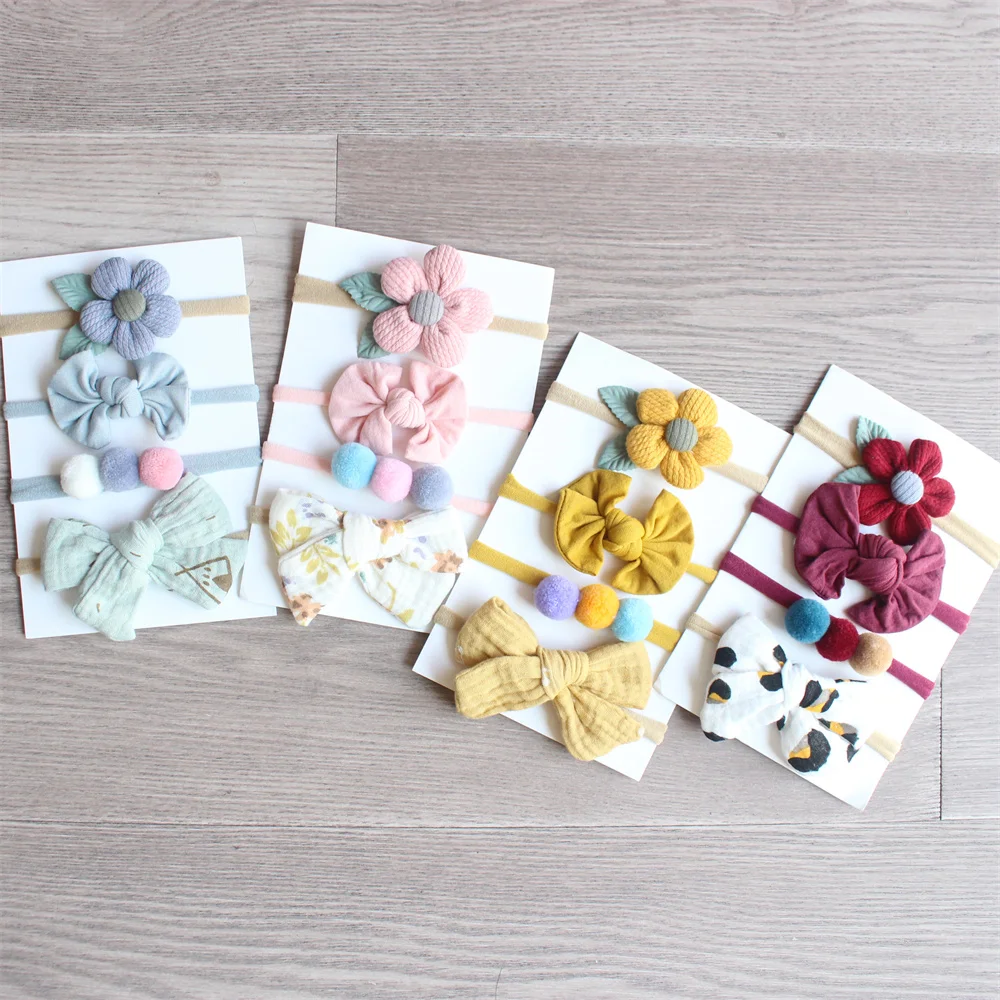 4pcs One Set Baby Flower Headbands Bows For Girls Cotton Pompom Elastic Hair Bands Newborn Knot Hairband Kids Accessories