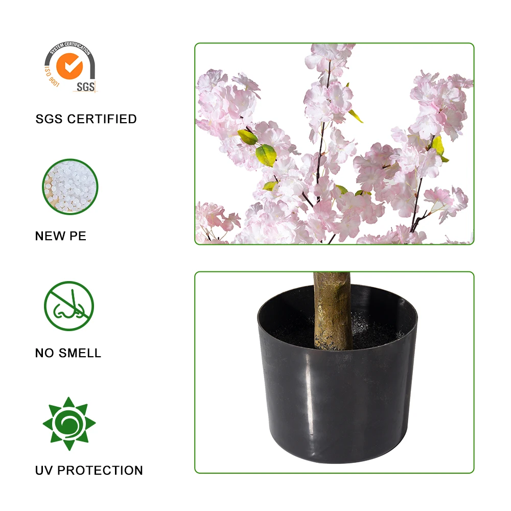 6.5ft Tall Faked Pink Sakura Floral Plant in Plastic Black Pot Artificial Cherry Blossom Flower Tree for Wedding Decor