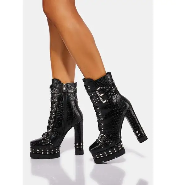 Supper High Chunky Heels Punk Styles Short Boots Women Double Platform Heels Over Lace up Ankle Boots with Buckles Studs All PU