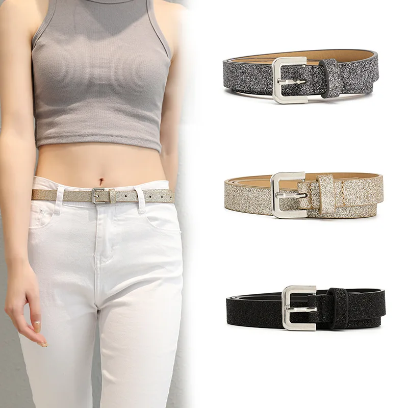 Shiny ladies belt hip hop bungee trim casual jeans belt