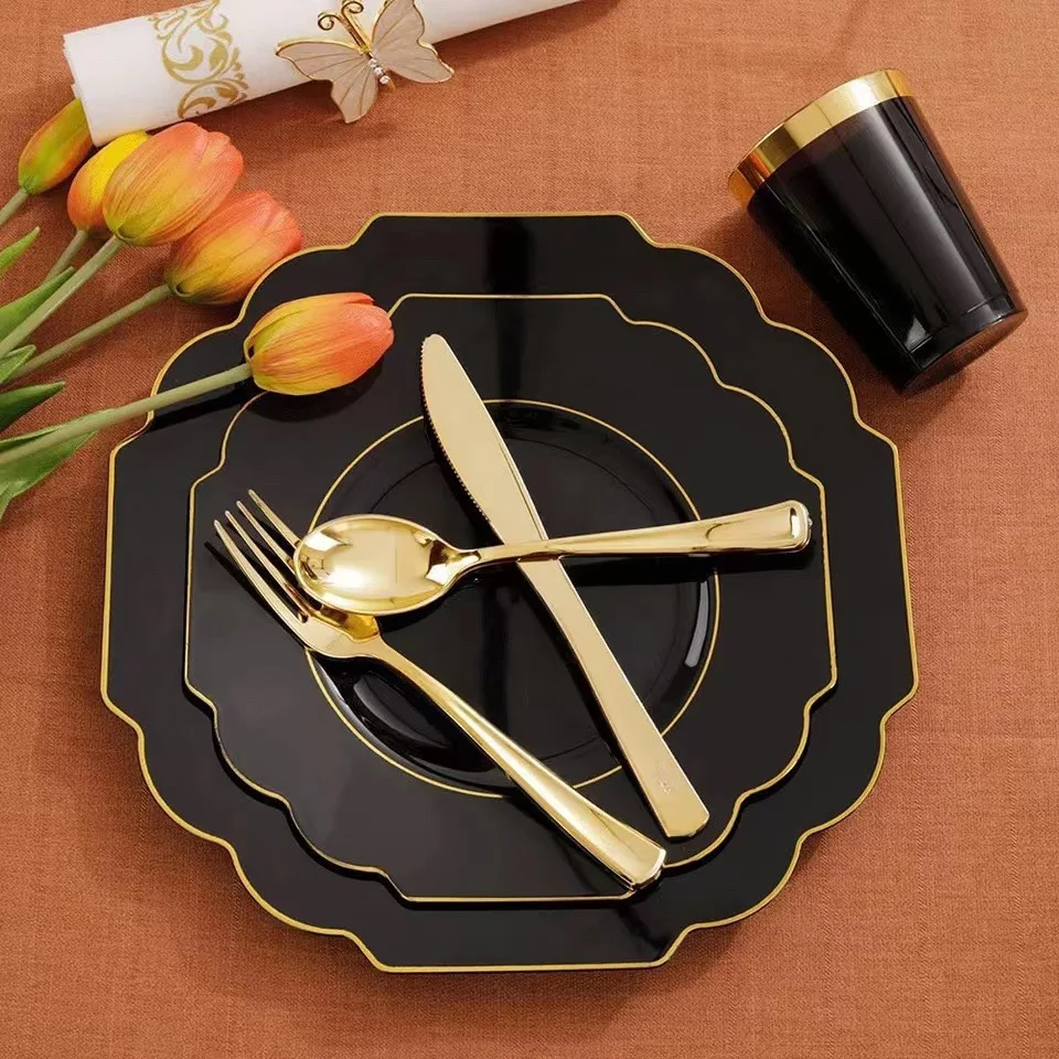 Retro Commercial Black Irregular Edge Gold Stamping Disposable Plastic Plate Tableware For Hotels Restaurants Party