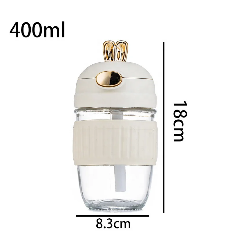 Custom Logo 400 ml New Cute Cartoon Rabbit Water Cup Large Capacity Silicone Straw Cup Portable Glass Coffee Cup