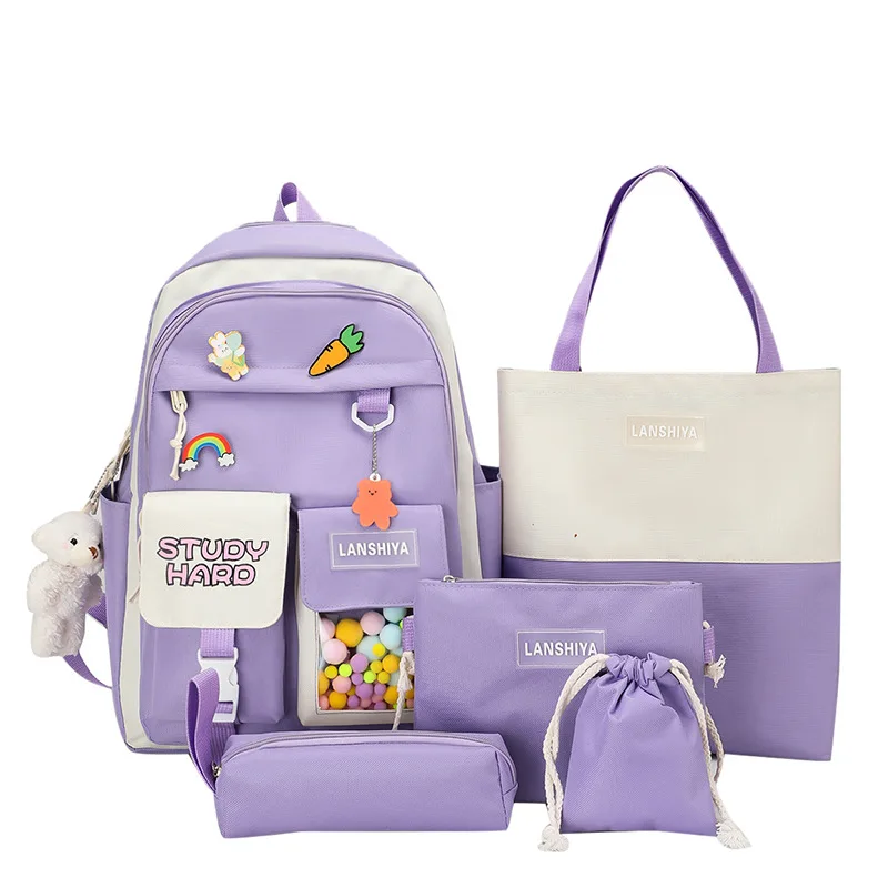 5 as One Set New Style High Junior School Bags Students Backpack Shoulder Bag for children