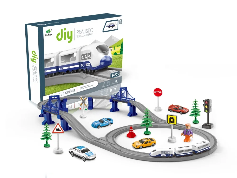 Hot Sale Modern Electric Train Track Electric Railway puzzle assembled track train set slot toys with alloy metal race cars