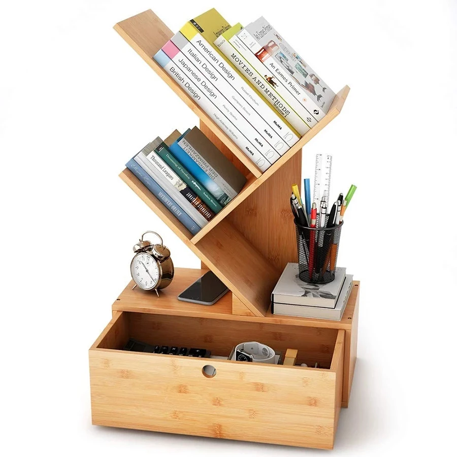 Book Rack With Storage and Drawers Cheap Natural Bamboo Bookshelf