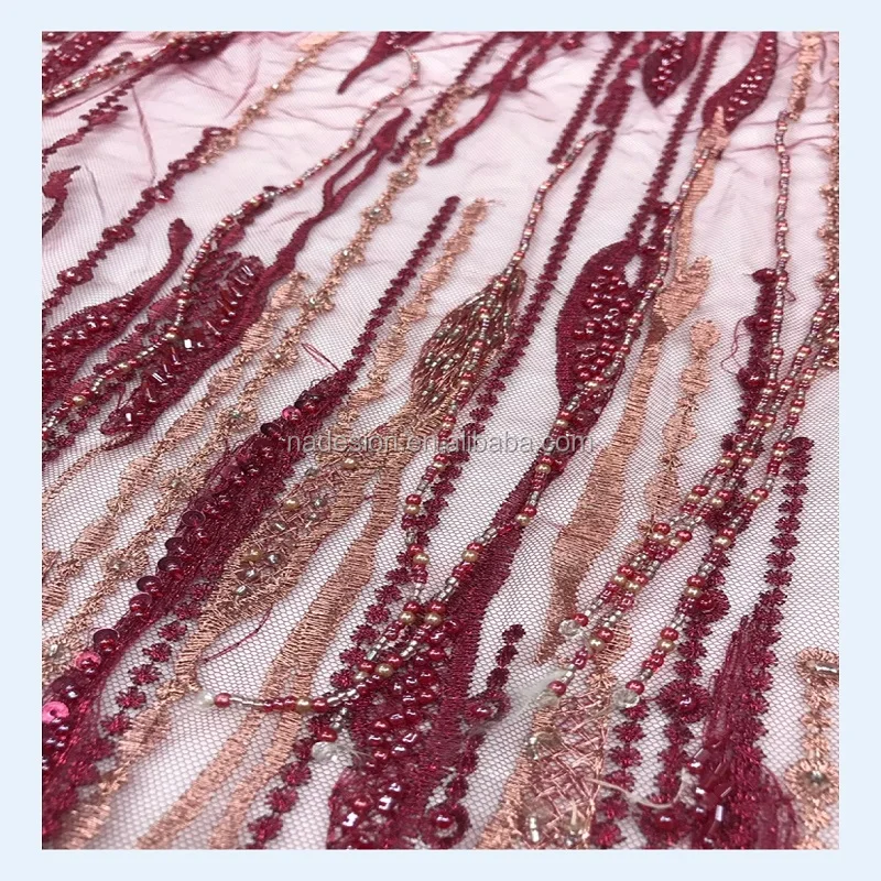 Handmade Beaded Fringe Lace Fabric With Sequins Embroidery Lace Fabric For Evening and Wedding Dress