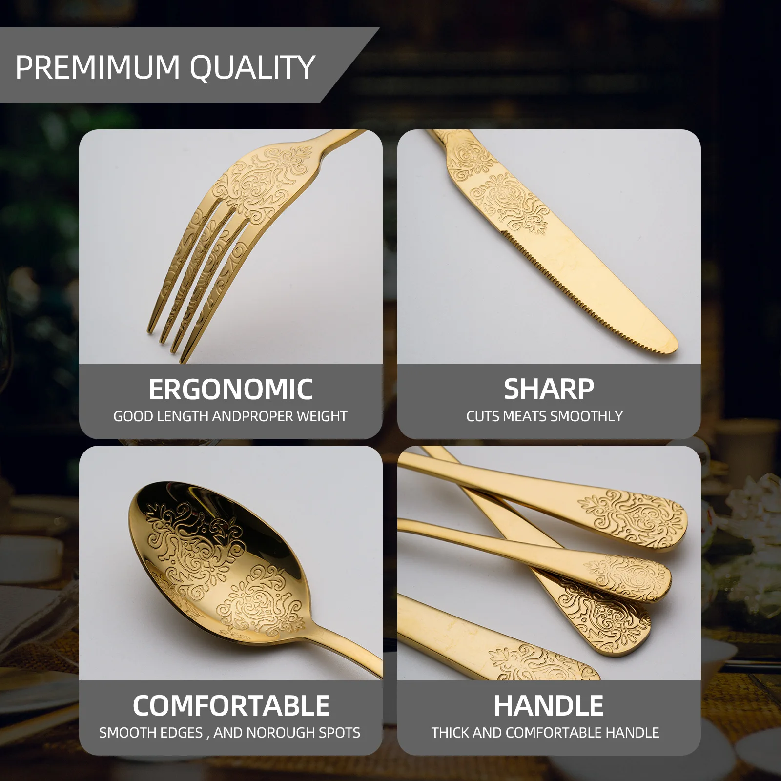 Hot Selling Cubiertos Dorados Couverts Talher Besteck  Inox Cucharas Eating Utensils Flatware Gold Cutlery Set