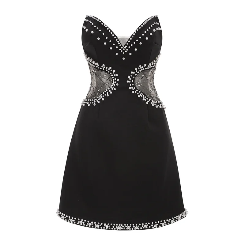 A9582 New Fashion Women Beaded Mini Prom Dress Black Sexy Night Club Ladies Party Dress
