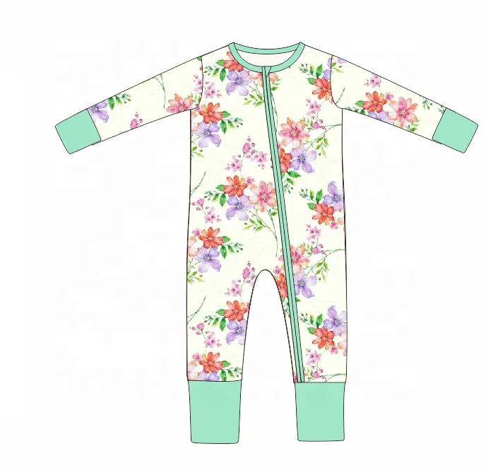 Custom Bamboo Baby Zipper Romper Boy Breathable Infant Long Sleeve Flowers Pattern BabyToddler Clothes for 0-24 Months NB Babies