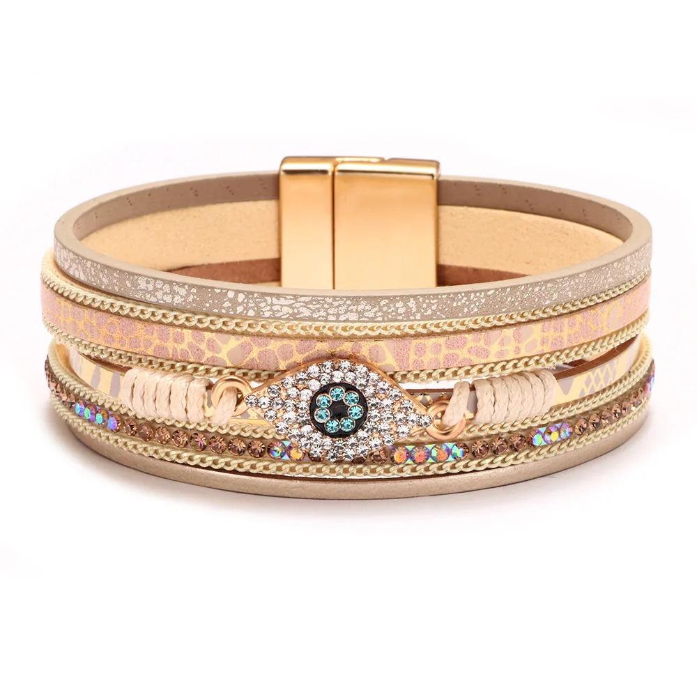 WBL019 Bracelets for Women Rhinestone Evil Eye Wrap Bracelet With Magnetic Clasp Leather Layered Amulet Jewelry Gifts for Her