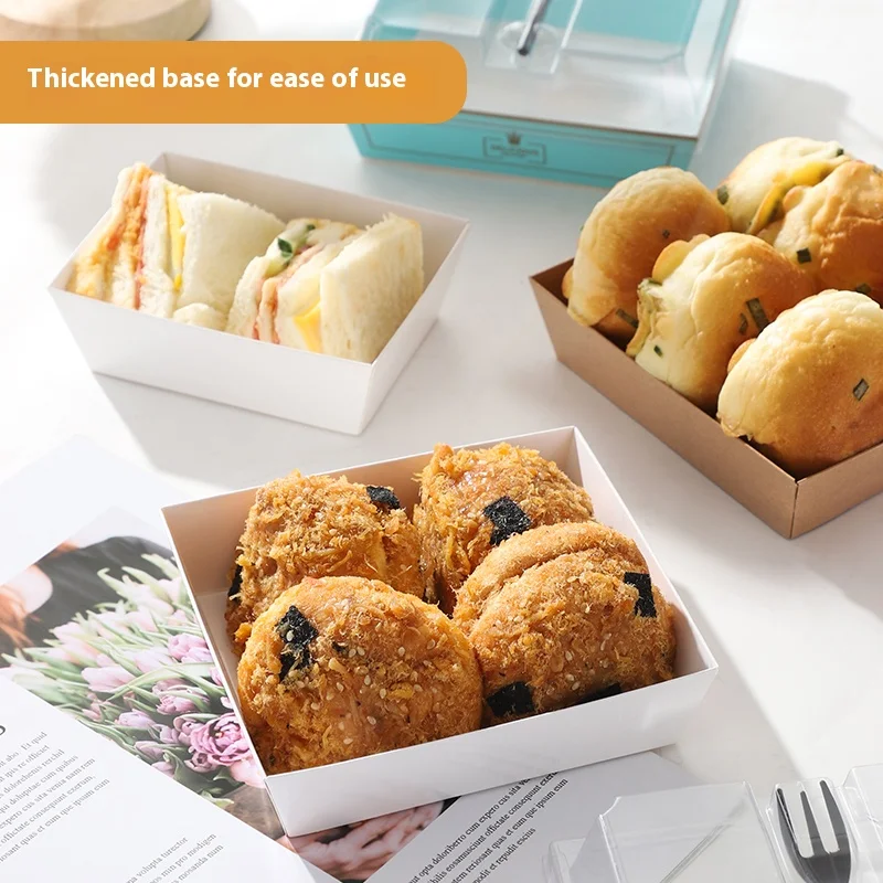 Takeaway Oil Proof Food Box Cake Donut Paper Packaging Dessert Cake Boxes Plastic Lid Cardboard Box with Fork
