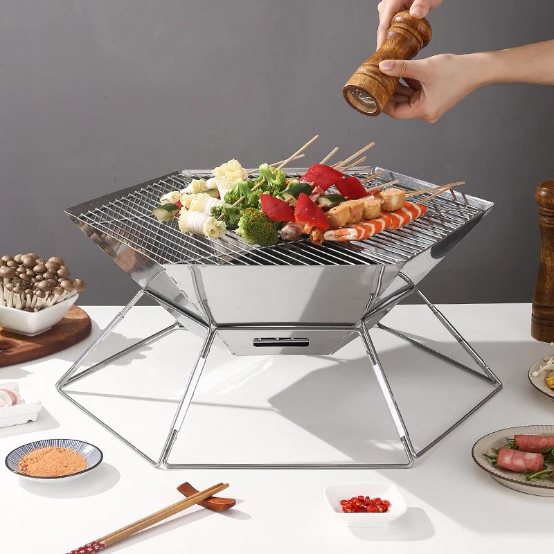 Регулируемый портативный барбекю-гриль ветрозащитные складные уличные Грили из нержавеющей стали с древесным углем для барбекю