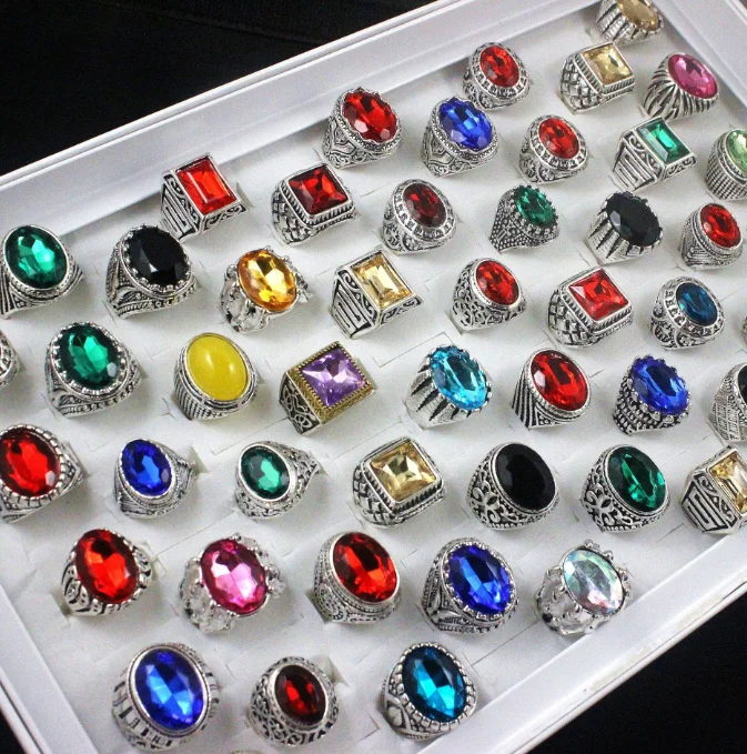 Foreign Trade Jewelry Gemstone Color Antique Inlay Large Size Ring Male Cheap Jewelry Women's Alloy Trendy Geometric OUYA 5g