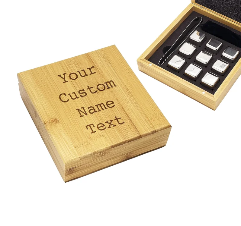 Customized Stainless Steel Whiskey Stone Set in Bamboo Case with Custom Name Personalized Gift for Men