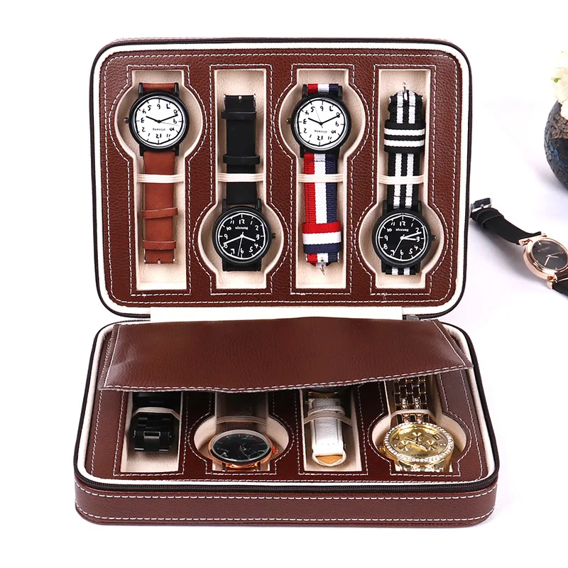 8 Slots  custom black luxury pu leather watch storage display bag