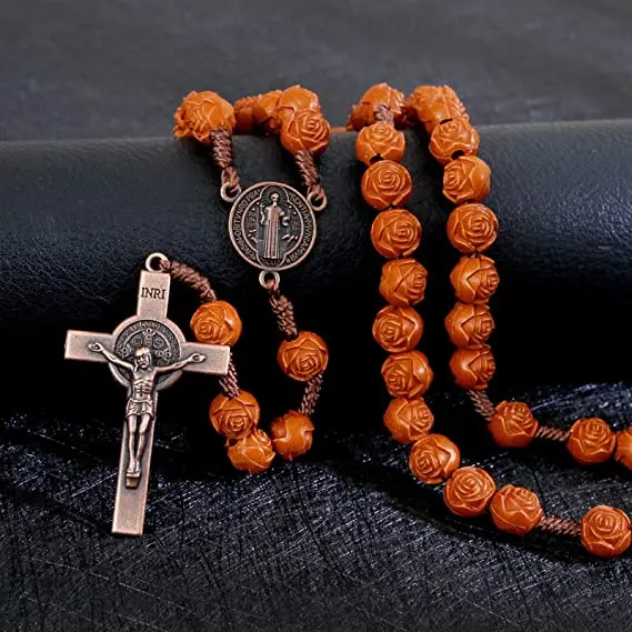Handmade Wood Rosary Plastic Rose Rosary Catholic Bead Rosary for Men Women