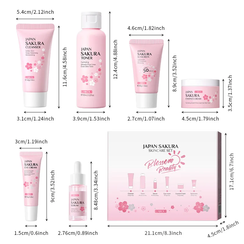 LAIKOU Japan Sakura Skin Care Set 6pcs Hydrating Smooth Wrinkle Cream Serum Toner Cleanser Suncreen Set
