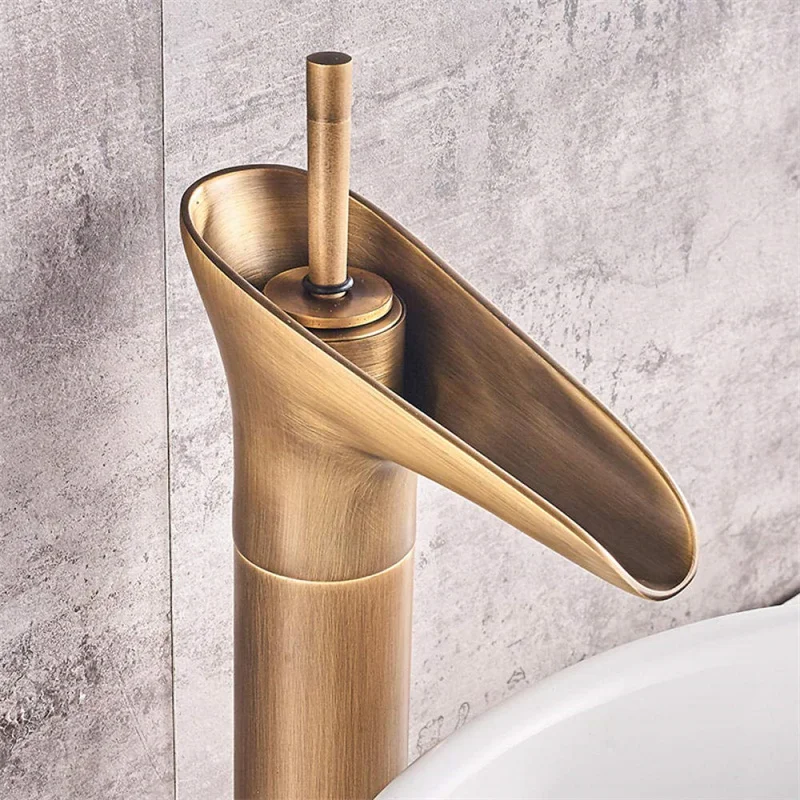 Copper Glass Water Tap Waterfall Spout Single Lever Hot and Cold Water Sink Faucet Antique Brass Bathroom Basin Faucet