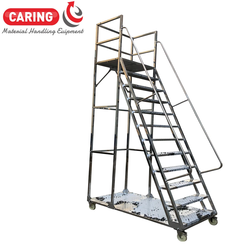 Warehouse Steel Safety Rolling Mobile Platform Ladder with Handrails