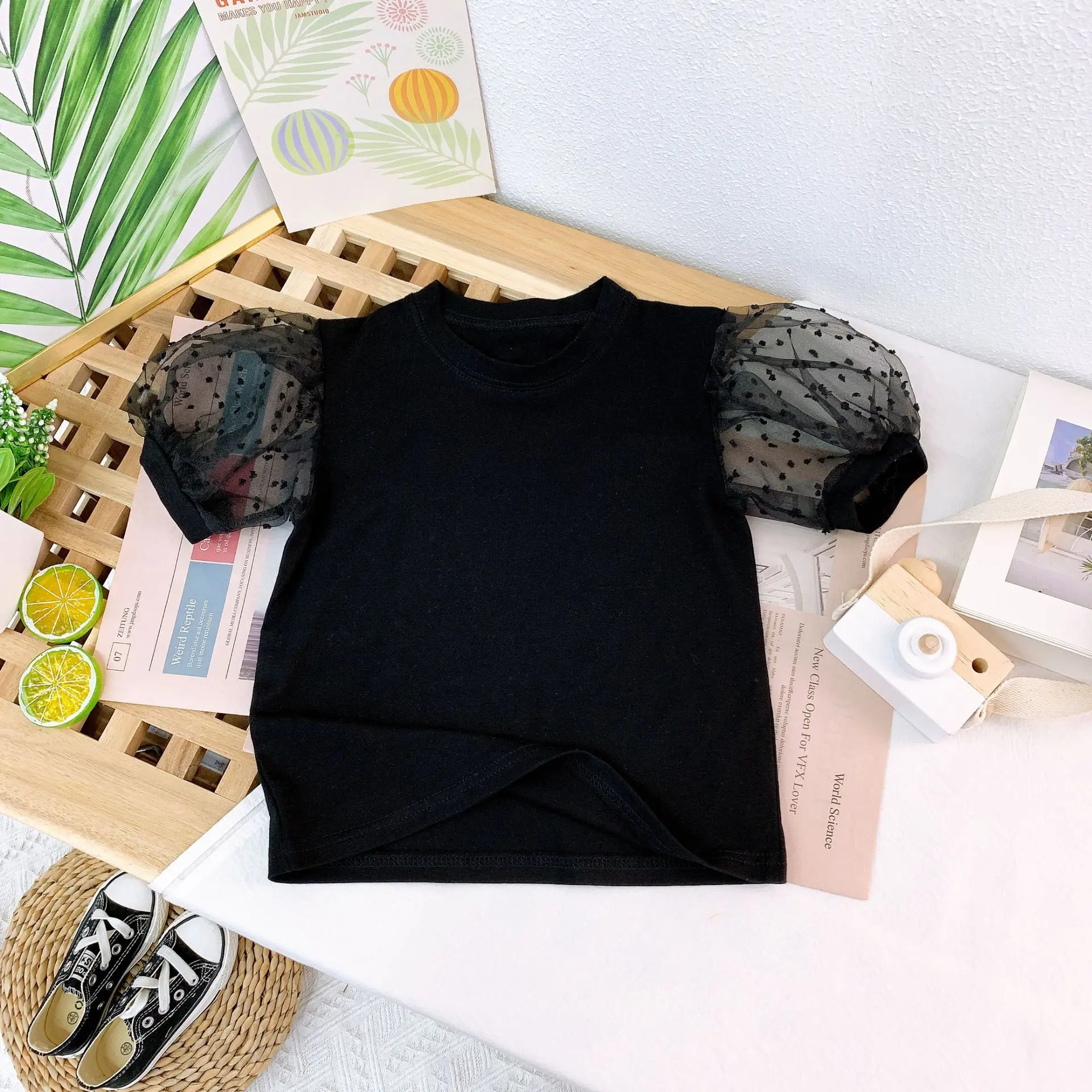 Summer girls t shirt top kids short tee children streetwear clothes fashion mesh patch puff sleeve