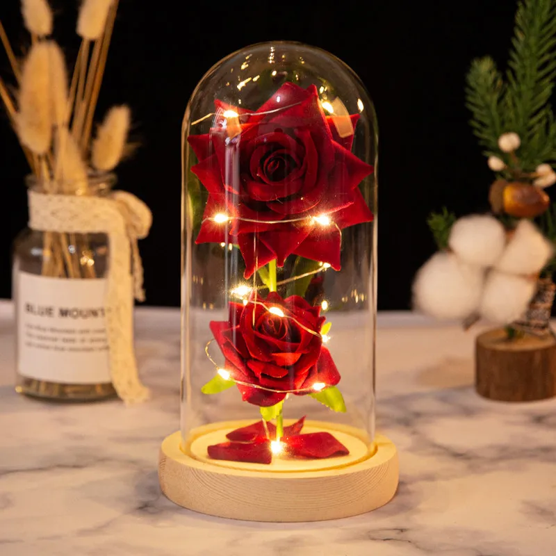 Customized Mothers Day Gifts Beauty Beast Belle Led Red Real Eternal Flower Preserved Roses in Glass Dome