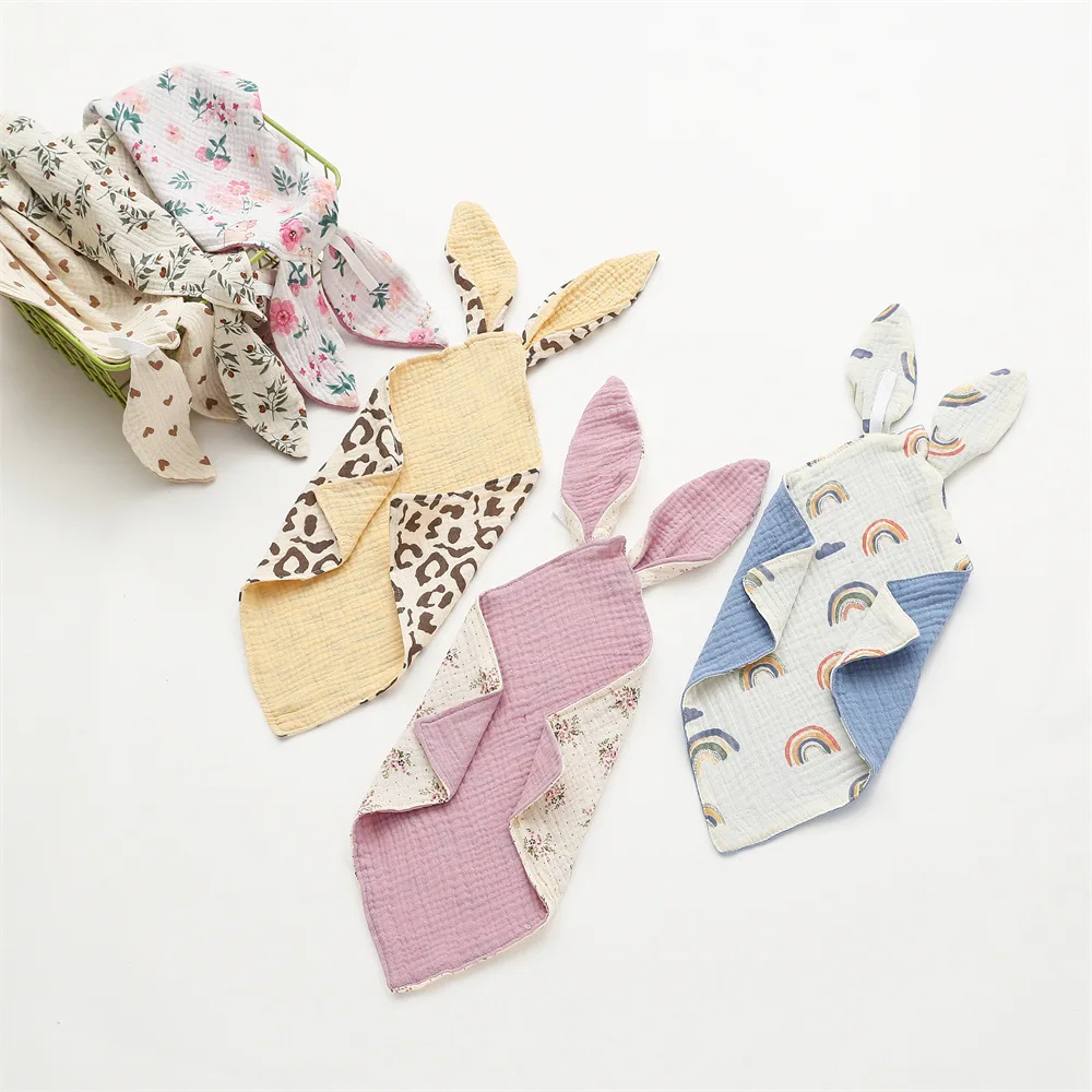 Baby Print Comforting Towel Rabbit Ear Pure Cotton Baby Blanket Double-layer Square Saliva Burp Towel 30*30cm