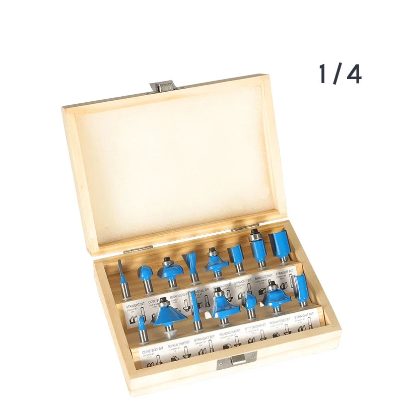 15pcs Woodworking 8mm Shank Router Bits Sets Cove Box Dovetail Chamfer Round Corner Straight Flute V Grooving Milling Cutter