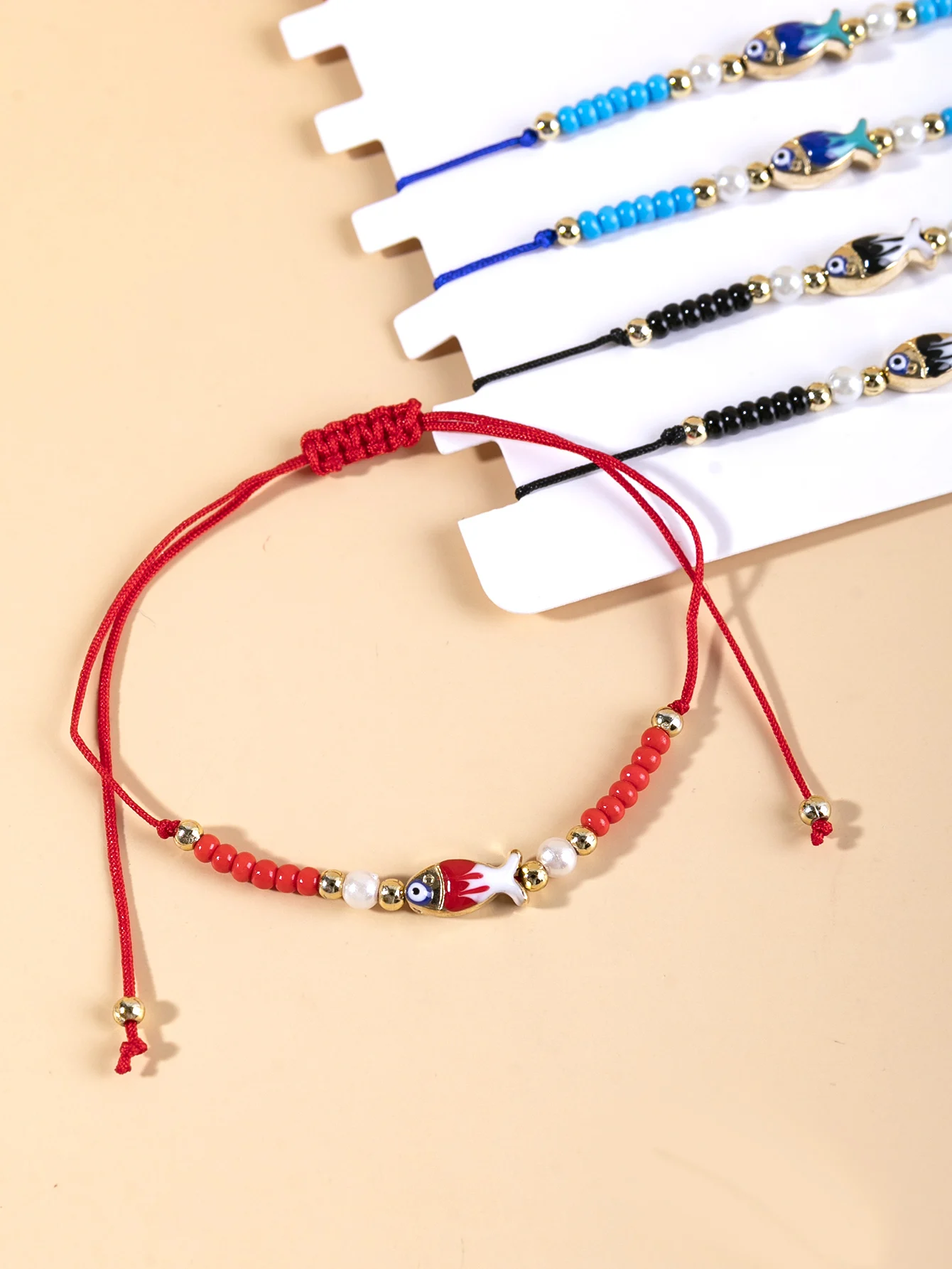 Wholesale Enamel Fish Evil Eyes Beads Rope Weaving Bracelets Adjustable Lucky Colored rice beads Bracelets