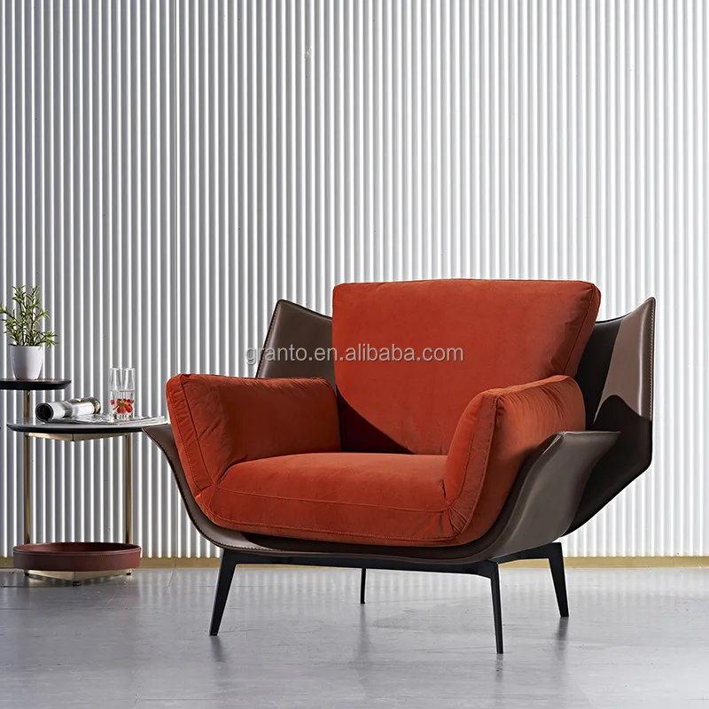 Nordic style sitting room leather sofa chair stainless steel recliner chair hotel lounger chair