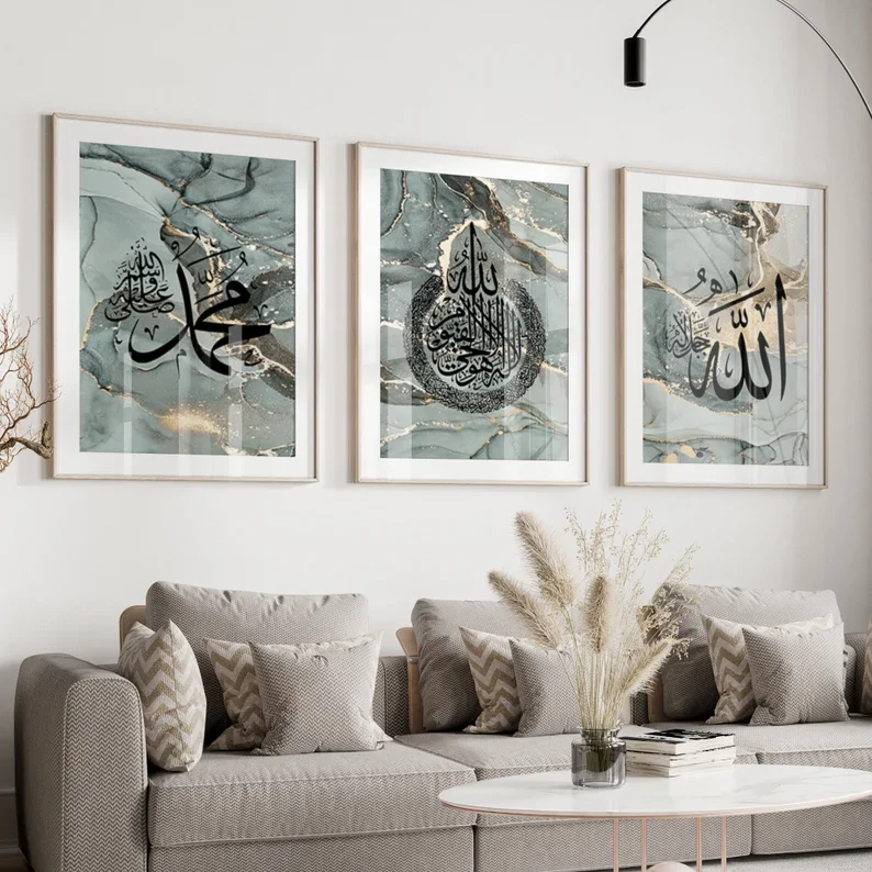 Islamic wall art triptych Arabic script crystal porcelain glass decorative painting for living room and hotel decoration