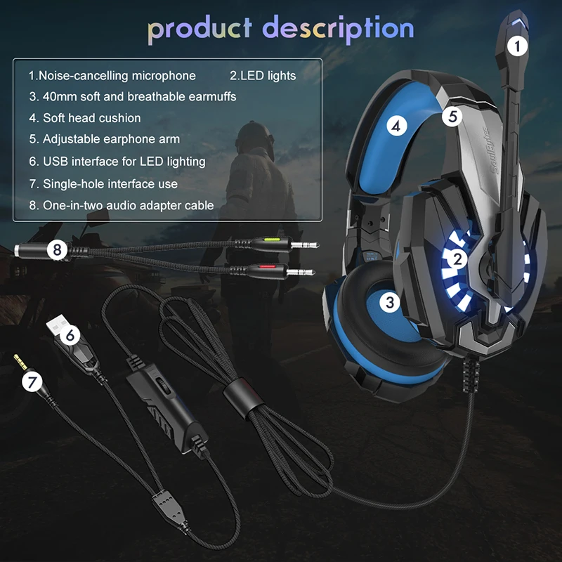 SOULBYTES S9 Blue LED Gaming Headset Noise Cancelling G9000 PRO Auriculares Gamer Headphone