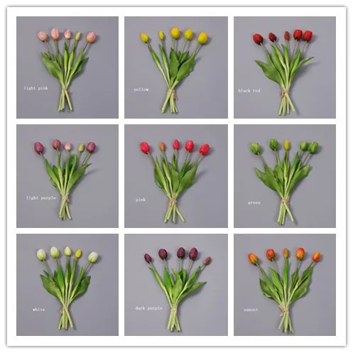 5 bunches of soft silicone feel tulips artificial flower desktop decoration artificial 5-head bouquet