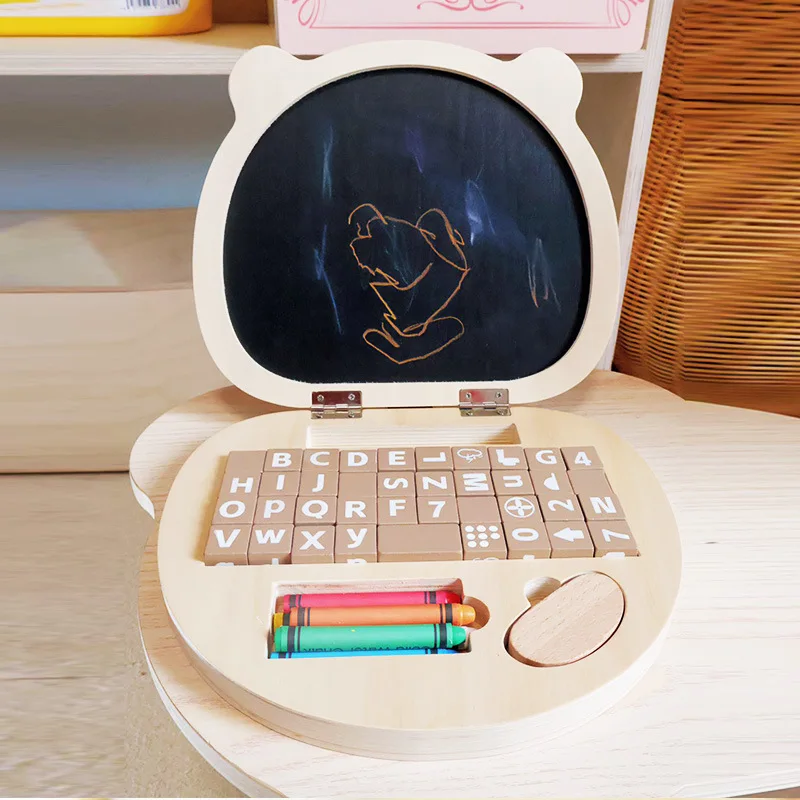2025 Children Creative Notebook Computer Design Wooden Game Kids Early Educational Montessori Drawing Board Block Puzzle Toy