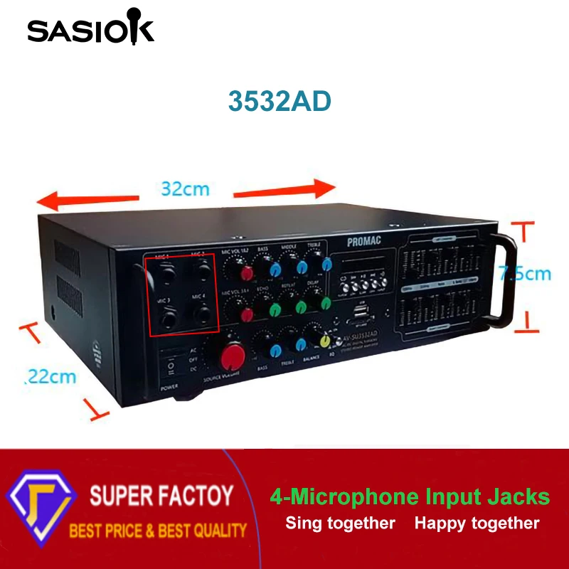 3532AD Mic echo/delay AC/DC power 10-band graphic equalizer digital karaoke amplifier support BT/USB/SD/AUX/FM radio/LED display