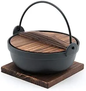 25cm Cast Iron Japanese Style Sukiyaki Tetsu Nabe Shabu Hot Pot with Wooden Lid